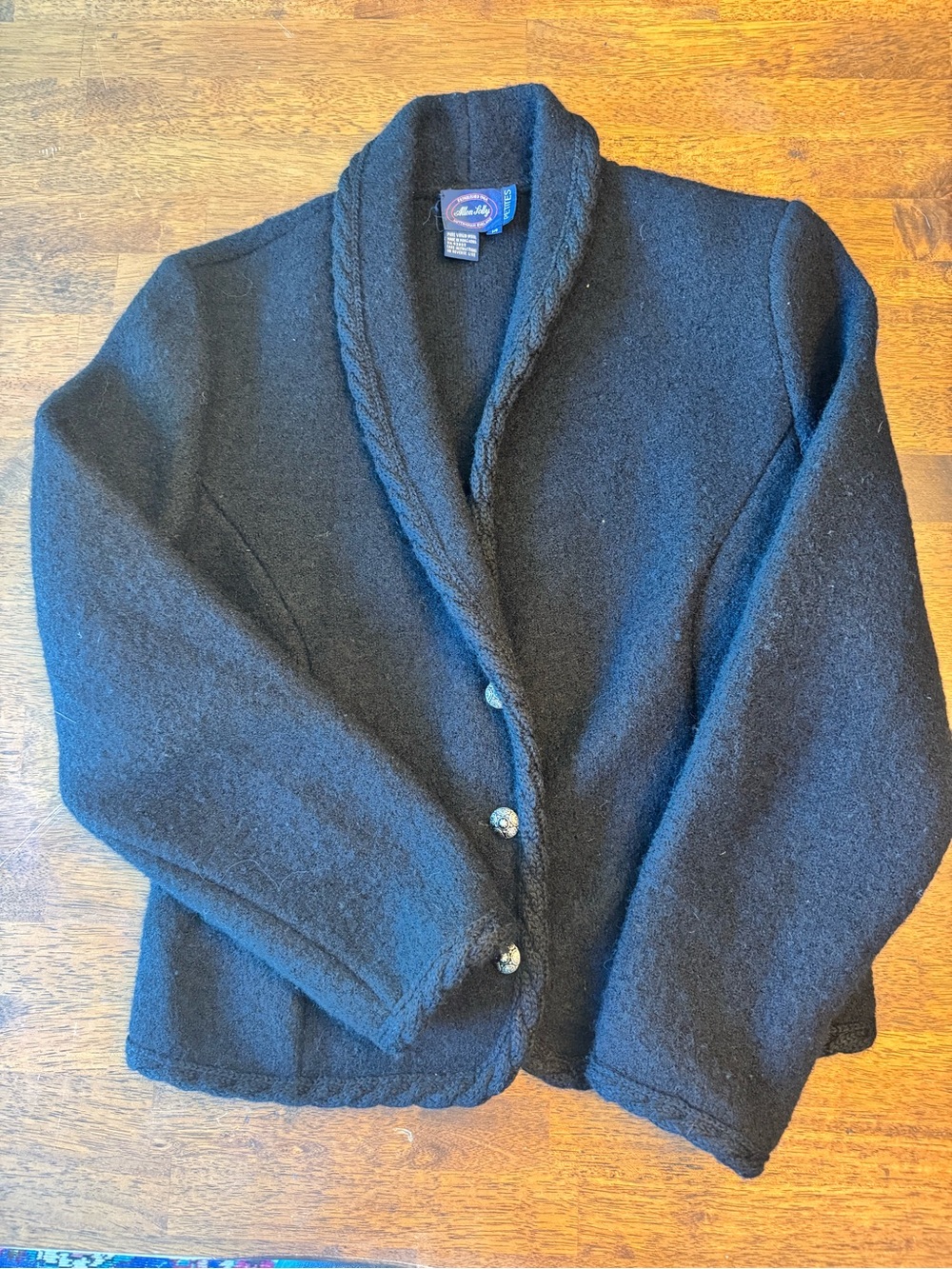 Vintage Allen Solly Boiled Wool Shawl Collar Cardigan Jacket - Black 14 petite